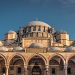 istanbul, turkey, suleymaniye mosque, mosque, ottoman architecture, islamic architecture, domes, arches, historic building, culture, religion, heritage, travel, tourism, skyline, architecture details, landmark, blue sky