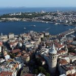 Stunning aerial view of Istanbul featuring the iconic Galata Tower and Bosphorus on a clear day.