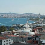 A stunning aerial view of Istanbul's skyline featuring historic mosques and the Bosphorus Strait.