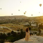 hot air balloons, valley, girl, woman, tourist, traveler, leisure, adventure, mountains, nature, mountain range, scenery, scenic, sunrise, cappadocia, turkey