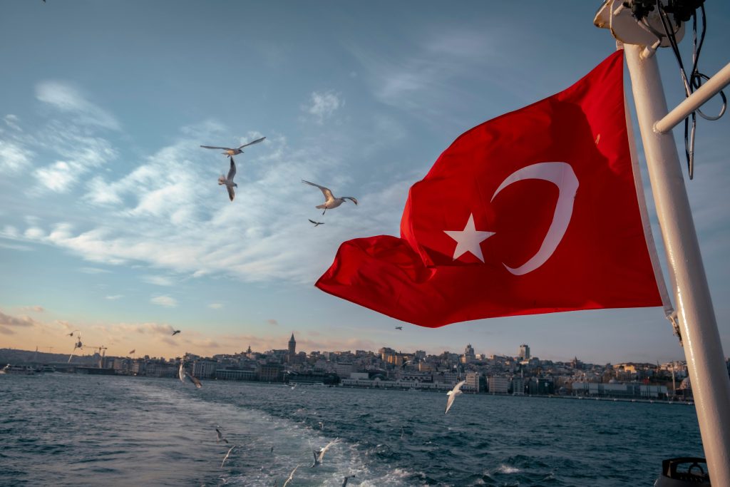 Turkish flag flutters above Istanbul's skyline with seagulls flying over the Bosphorus.
