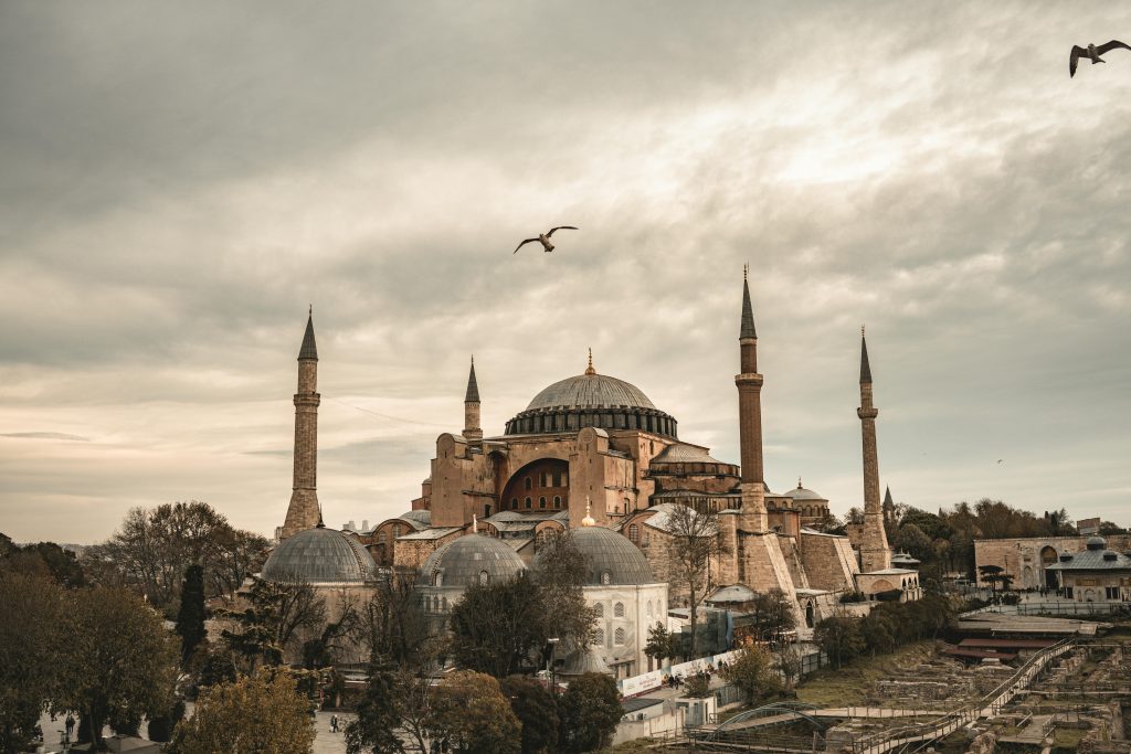 Stunning view of Hagia Sophia with birds in Istanbul's historic skyline.