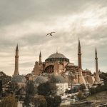 Stunning view of Hagia Sophia with birds in Istanbul's historic skyline.