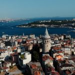 Aerial shot of Galata Tower and the cityscape of Istanbul, featuring the Bosphorus and historic architecture.