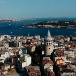 Panoramic aerial view of Galata Tower in Istanbul, showcasing the city's skyline and Bosphorus.