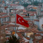 Aerial view of Afyonkarahisar city with the Turkish flag prominently displayed.