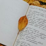 Open journal with handwritten notes and autumn leaves creating a serene fall atmosphere.