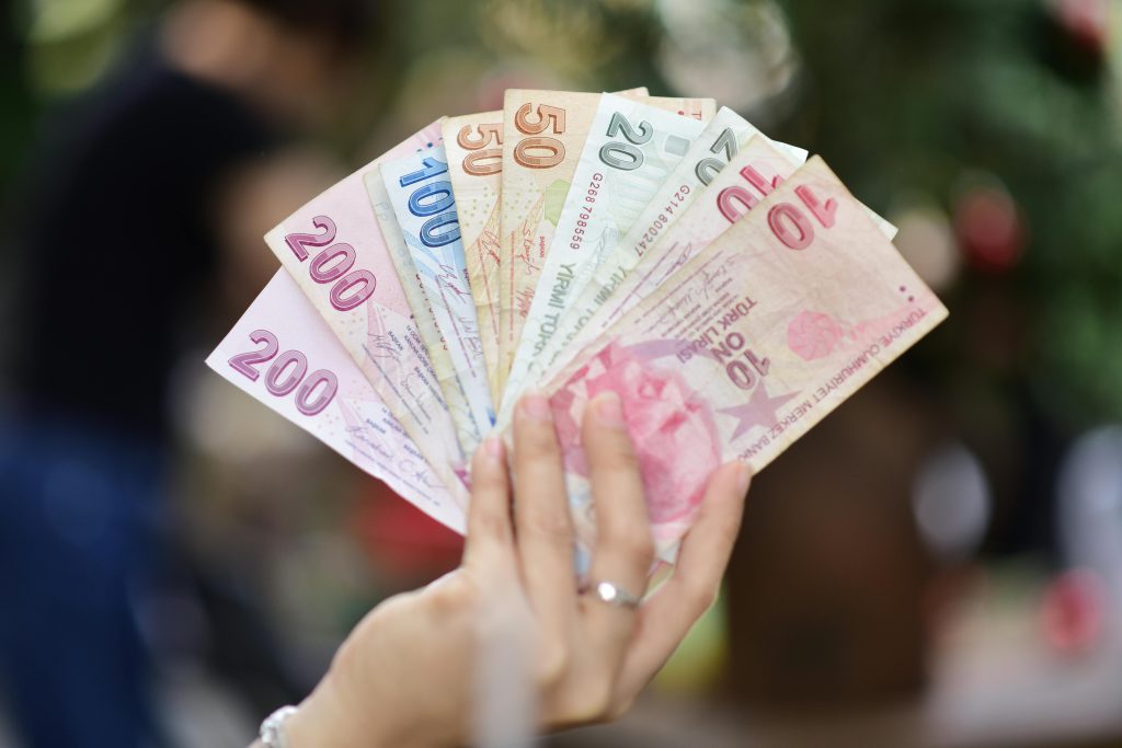 A hand displays several denominations of Turkish Lira banknotes in an outdoor setting, showcasing currency diversity.