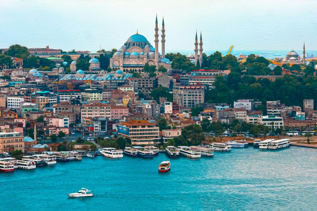 Aerial view of Istanbul featuring the historic Suleymaniye Mosque and bustling Bosphorus.