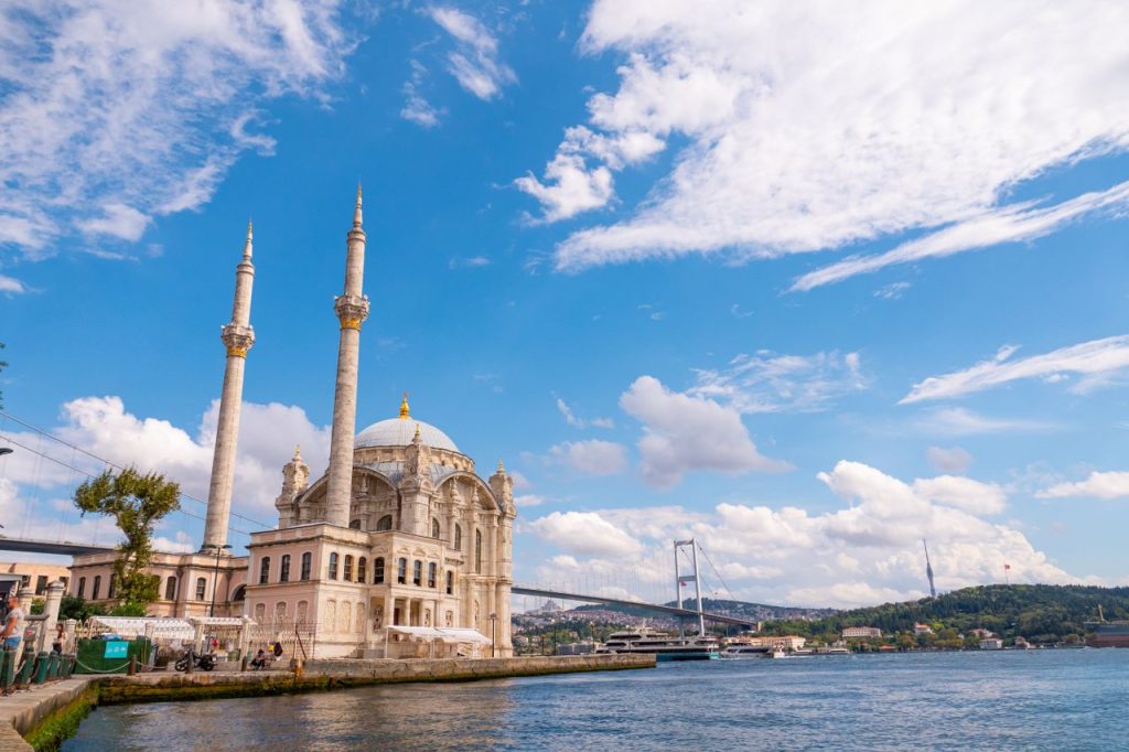 A beautiful capture of the Ortaköy Mosque with the Bosphorus Bridge in Istanbul on a sunny day.